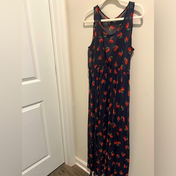 Long Navy Dress with Cherry Print - Picture 1 of 4